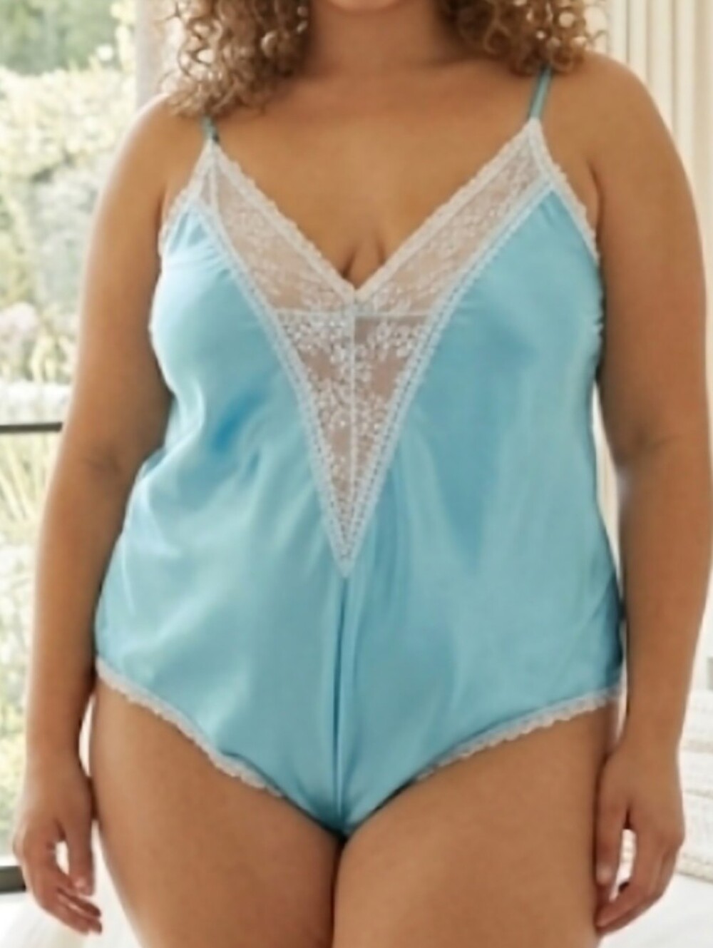 Symmetry Aqua Blue Satin Lace Trim Teddy